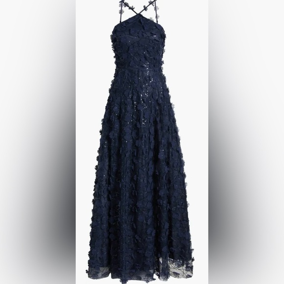 NWOT Eliza J Floating 3D Flowers Halter Style Navy Blue Ball Gown Sz 10 - Picture 5 of 10